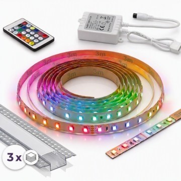 Komplet 1x LED RGBW zatemljiv trak DIGITAL LED/9,6W/230V 3 m + 3x vgradni profil 1 m srebrn/bel + daljinski upravljalnik
