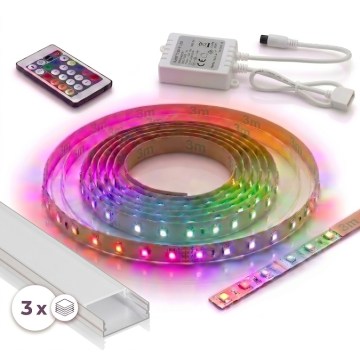 Komplet 1x LED RGBW zatemljiv trak DIGITAL LED/9,6W/230V 3 m + 3x vgradni profil 1 m srebrna/bela + daljinski upravljalnik