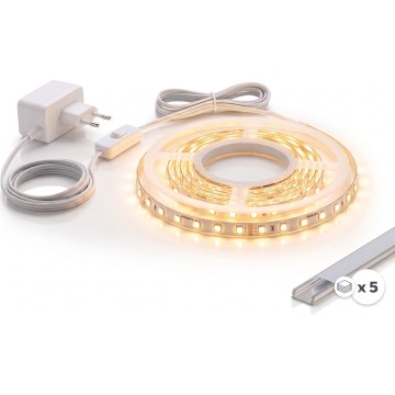 Komplet: 1x LED trak MYLIVING LIGHTSTRIP LED/22W/230V, 5 m + 5x vgradni profil 1 m, srebrna/bela
