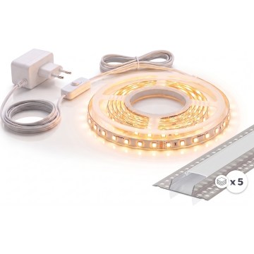 Komplet 1x LED trak MYLIVING LIGHTSTRIP LED/22W/230V 5 m + 5x vgradni profil 1 m srebrna/bela