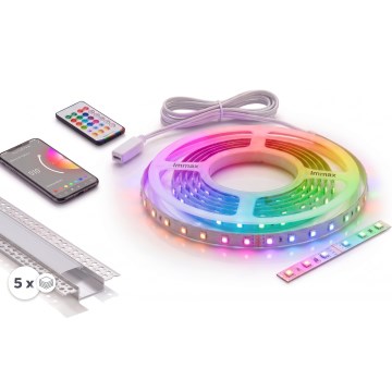 Komplet 1x zatemljiv LED RGBW trak NEO LITE MUSIC LED 24 W / 230 V, 5 m, IP65, Wi‑Fi (Tuya) + 5× vgradni profil 1 m (srebrna/bela) + daljinski upravljalnik