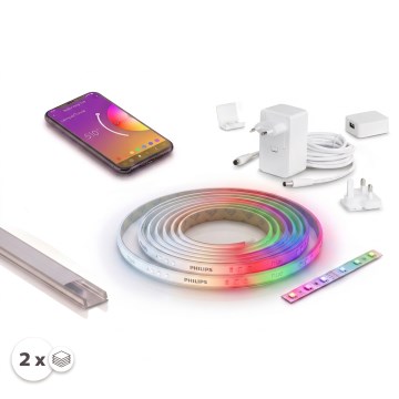 Komplet 1x zatemljiv RGBW LED trak Philips Hue WHITE AND COLOR AMBIANCE LED/20W/230V 2 m + 2x vgradni profil 1 m srebrna/bela