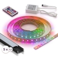 Komplet 1x zatemnjevalni LED RGBW trak DIGITAL LED/16,5W/230V 5 m + 5x vgradni profil 1 m črna/bela + daljinski upravljalnik