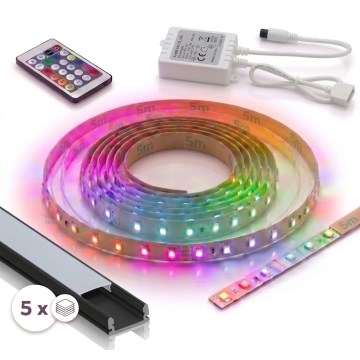 Komplet 1x zatemnjevalni LED RGBW trak DIGITAL LED/16,5W/230V 5 m + 5x vgradni profil 1 m črna/bela + daljinski upravljalnik