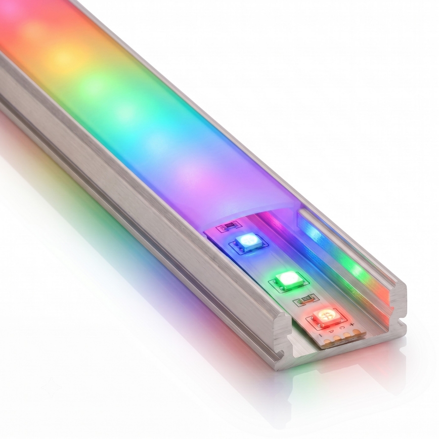 Komplet: 1× zatemljiv LED trak RGBW NEO LITE MUSIC (24 W, 230 V), 5 m, IP65, z Wi‑Fi (Tuya) + 5× vgradni profil 1 m (srebrna/bela) + daljinski upravljalnik