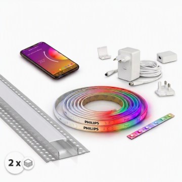 Komplet: 1× zatemljiv LED RGBW trak Philips Hue WHITE AND COLOR AMBIANCE (LED, 20 W, 230 V), 2 m + 2× vgradni profil 1 m, srebrna/bela