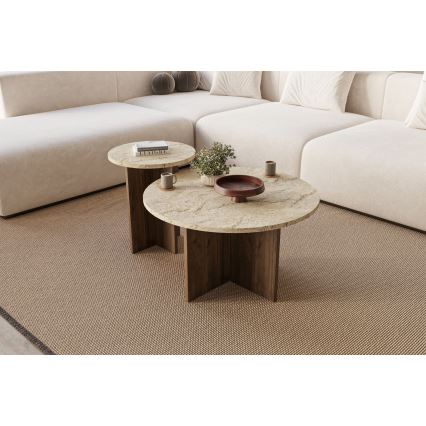 Komplet 2x konferenčna mizica PURO Ø 40/70 cm oreh/travertin