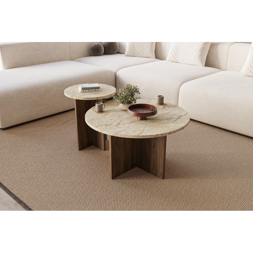 Komplet 2x konferenčna mizica PURO Ø 40/70 cm oreh/travertin