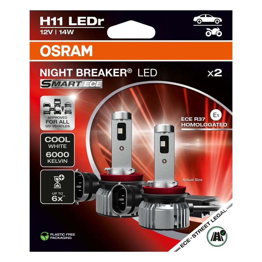 Komplet 2x LED avtomobilskih žarnic NIGHT BREAKER SMART H11 PGJ19-2/14W/12V 6000K - Osram