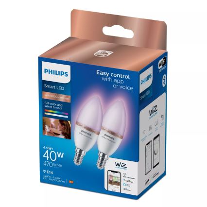 Komplet 2x LED RGB žarnic Philips SMART C37 E14/4,9W/230V 2200-6500K CRI 90 z možnostjo zatemnitve