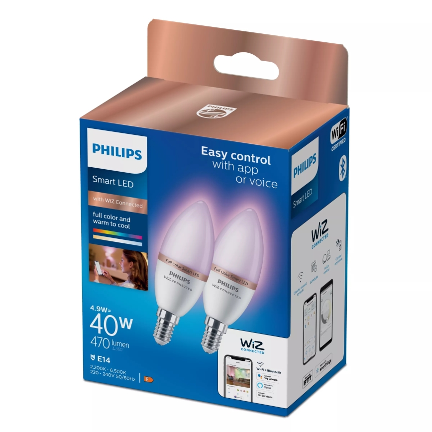 Komplet 2x LED RGB žarnic Philips SMART C37 E14/4,9W/230V 2200-6500K CRI 90 z možnostjo zatemnitve