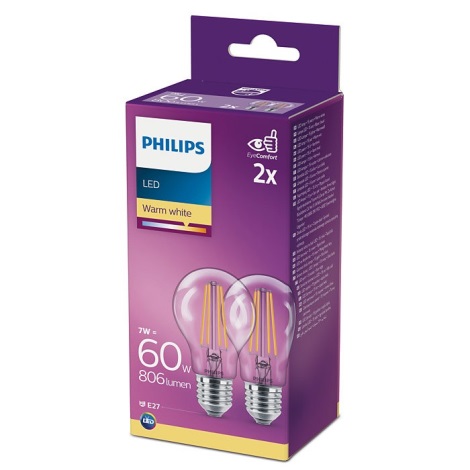 KOMPLET 2x LED Žarnica Philips A60 E27/7W/230V 2700K