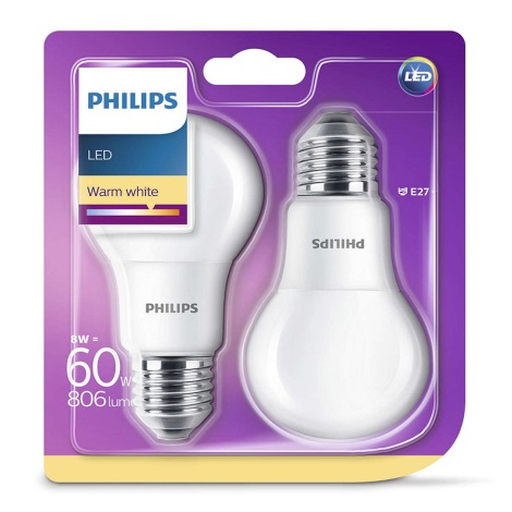 KOMPLET 2x LED žarnica Philips E27/8W/230V 2700K