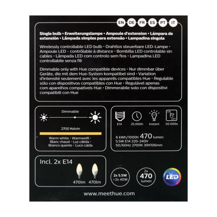 KOMPLET 2x LED Zatemnitvena žarnica Philips Hue WHITE E14/5,5W/230V 2700K