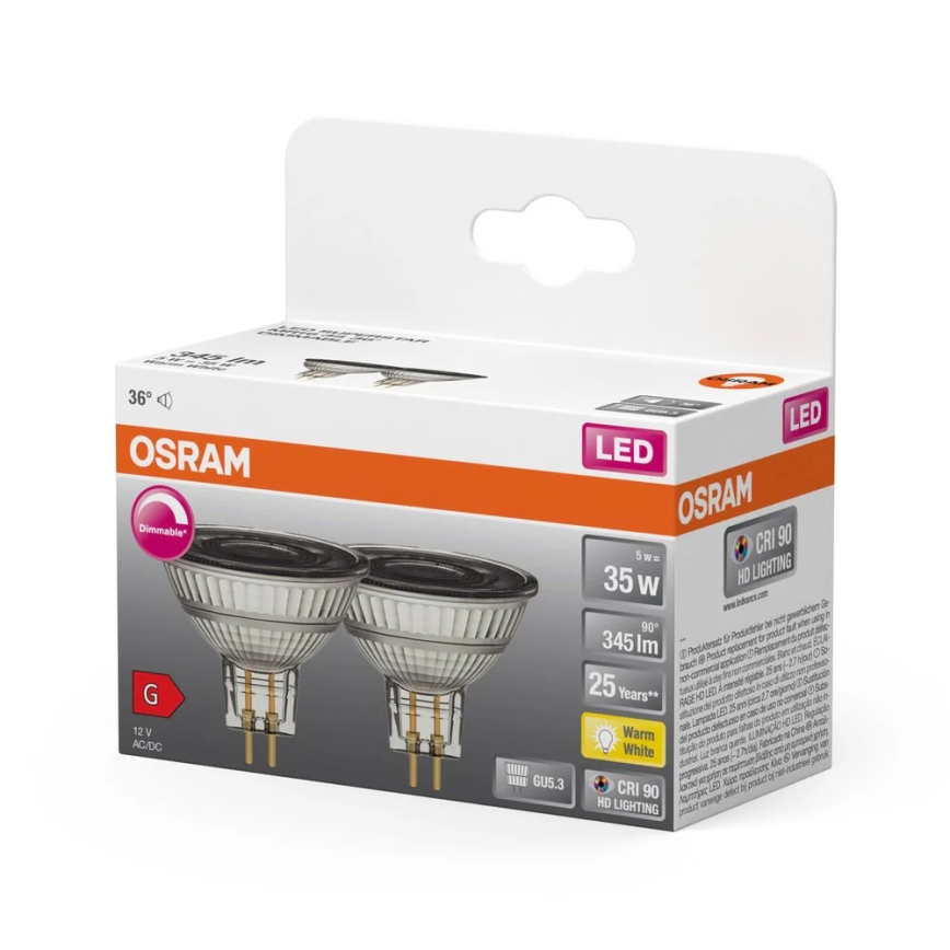 Komplet 2x zatemnljivih LED reflektorijskih žarnic MR16 GU5,3/5W/12V 2700K 36° CRI 90 - Osram
