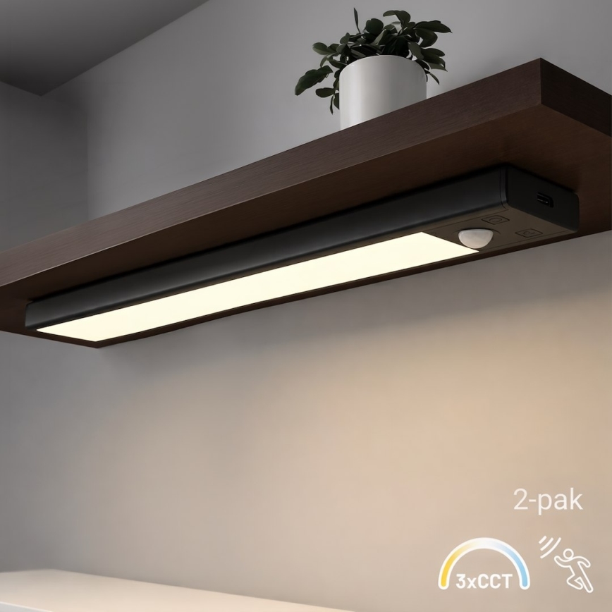 Komplet 2x LED polnilnih luči za pohištvo s senzorjem gibanja in sumraka VIRO LED/1,2W/3,7V 800 mAh 3000/4000/6500K 30 cm črna