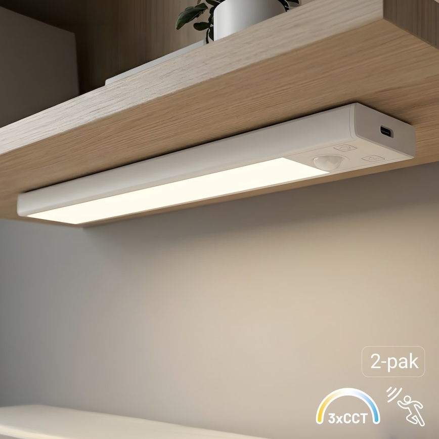 Komplet 2x polnilna LED osvetlitev za pohištvo s senzorjem gibanja in mraka VIRO LED/1W/3,7V 800 mAh 3000/4000/6500K 20 cm bela