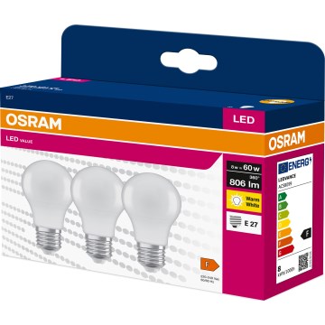 Komplet 3 LED žarnic A60 E27/8W/230V 3000K - Osram