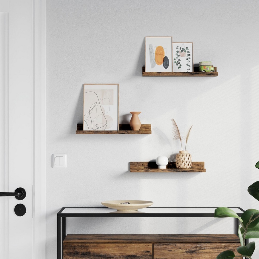 Komplet 3 stenskih polic SHELFY 38x5x10 cm, rjave