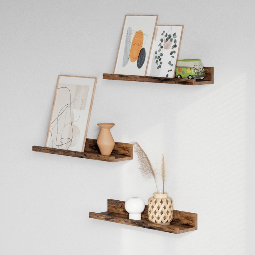 Komplet 3 stenskih polic SHELFY 38x5x10 cm, rjave