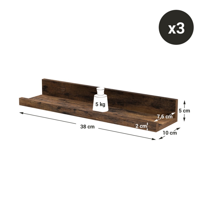Komplet 3 stenskih polic SHELFY 38x5x10 cm, rjave