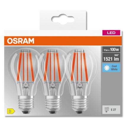 Komplet 3x LED žarnic BASE CLASSIC FILAMENT A60 E27/11W/230V 4000K - Osram