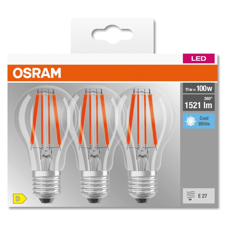 Komplet 3x LED žarnic BASE CLASSIC FILAMENT A60 E27/11W/230V 4000K - Osram
