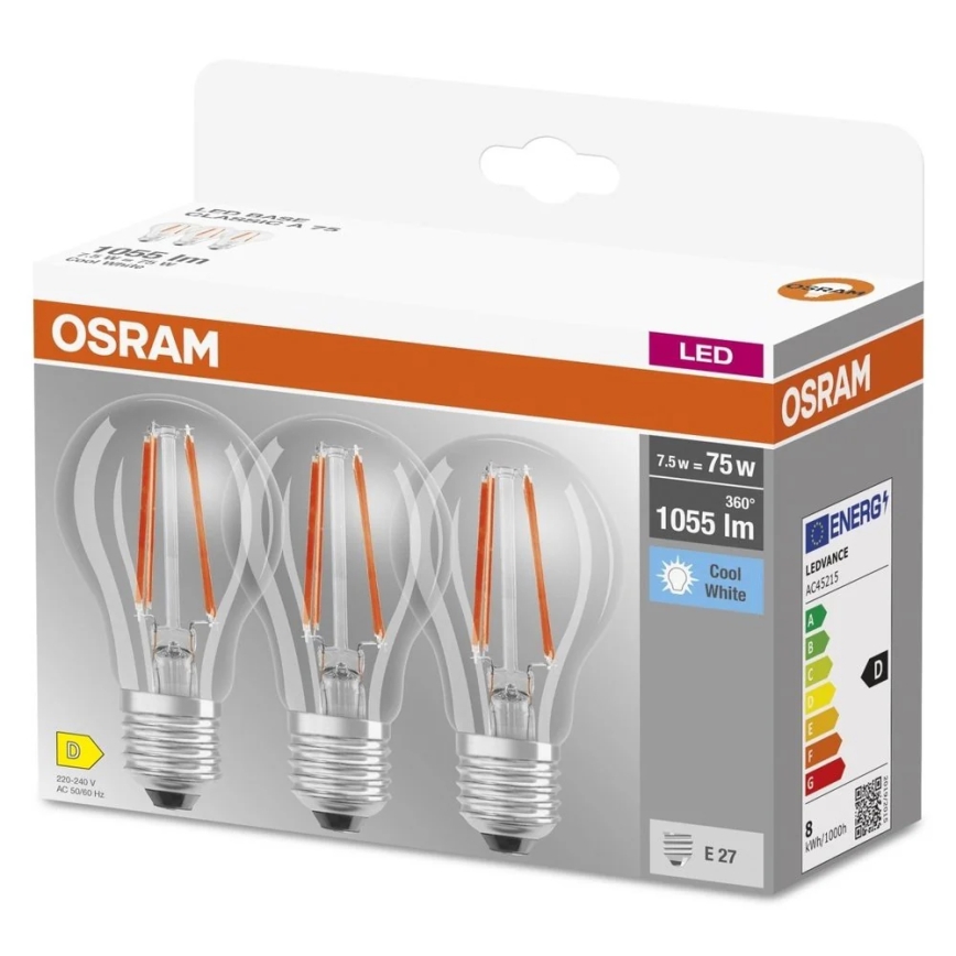 Komplet 3x LED žarnic BASE CLASSIC FILAMENT A60 E27/7,5W/230V 4000K - Osram