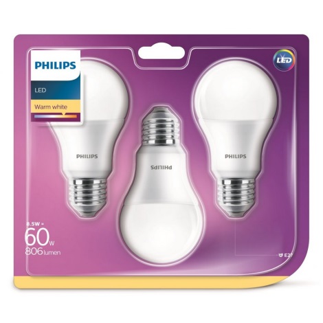 KOMPLET 3x LED Žarnica Philips A60 E27/8,5W/230V 2700K