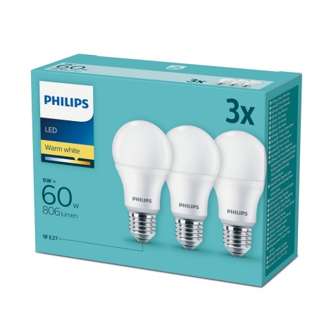KOMPLET 3x LED Žarnica Philips E27/9W/230V 2700K