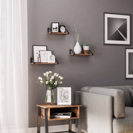 Komplet 3x stenskih polic SHELFY, rjave/črne