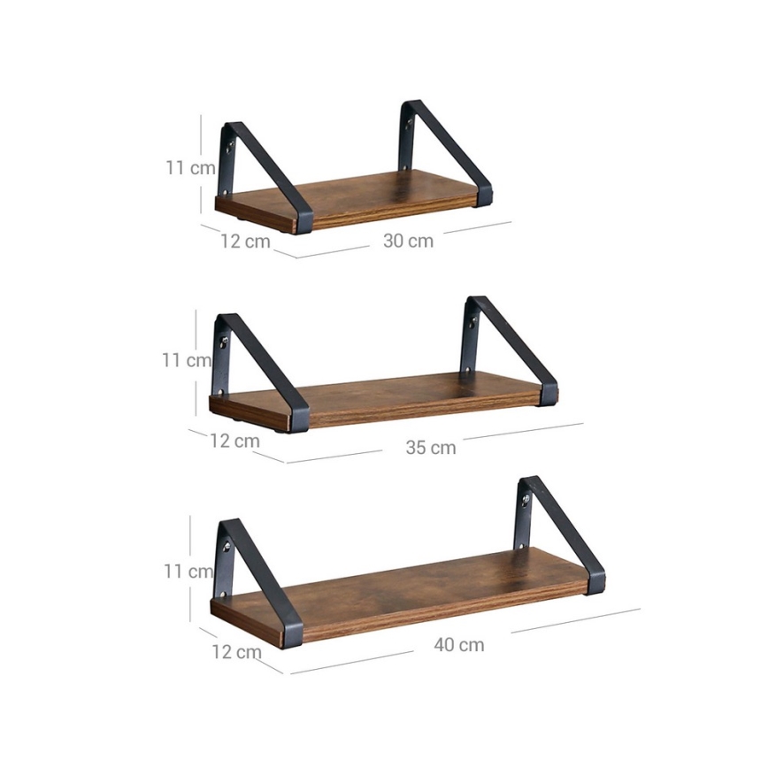 Komplet 3x stenskih polic SHELFY, rjave/črne
