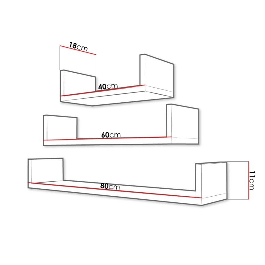 Komplet 3x stenskih polic TRIO 11x40/60/80 cm kašmir