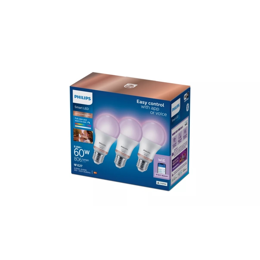 Komplet 3x zatemnjivih LED RGB žarnic Philips SMART A60 E27/8,8W/230V 2200-6500K