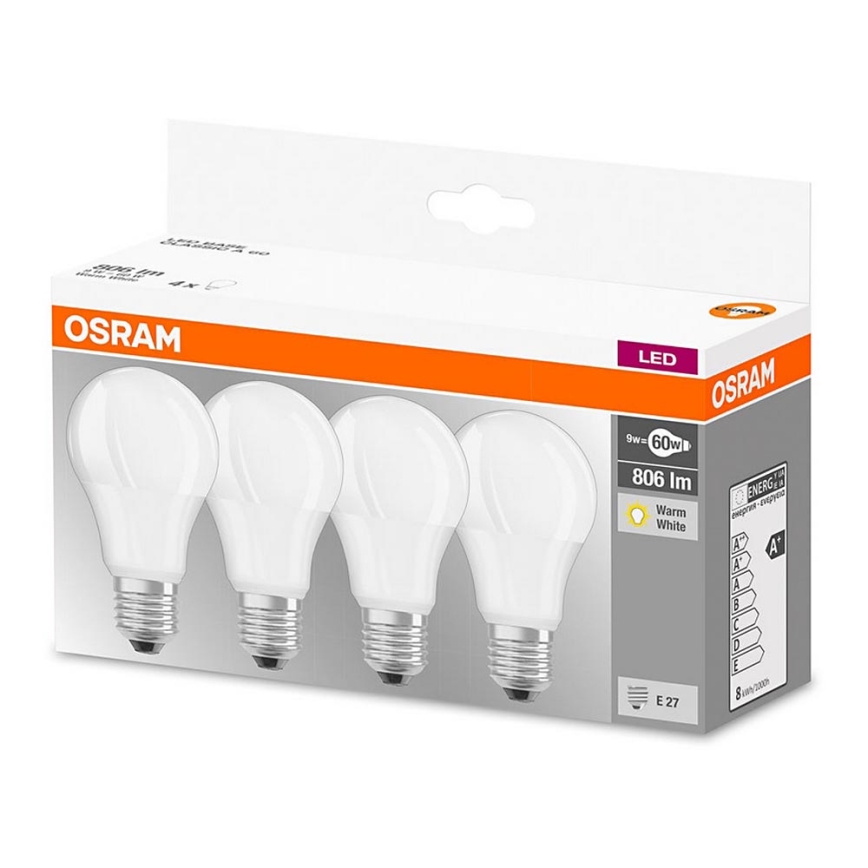 KOMPLET 4x LED Žarnica A60 E27/9W/230V 2700K - Osram