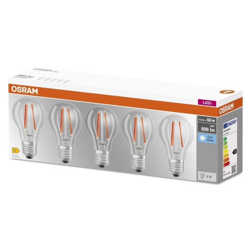 Komplet 5 LED žarnic BASE CLASSIC FILAMENT A60 E27/7W/230V 4000K - Osram