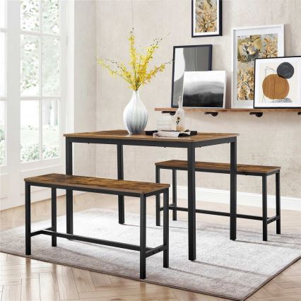 Komplet: barska miza 110x70 cm + 2x klopi 97x30 cm TREVOR rjava/črna