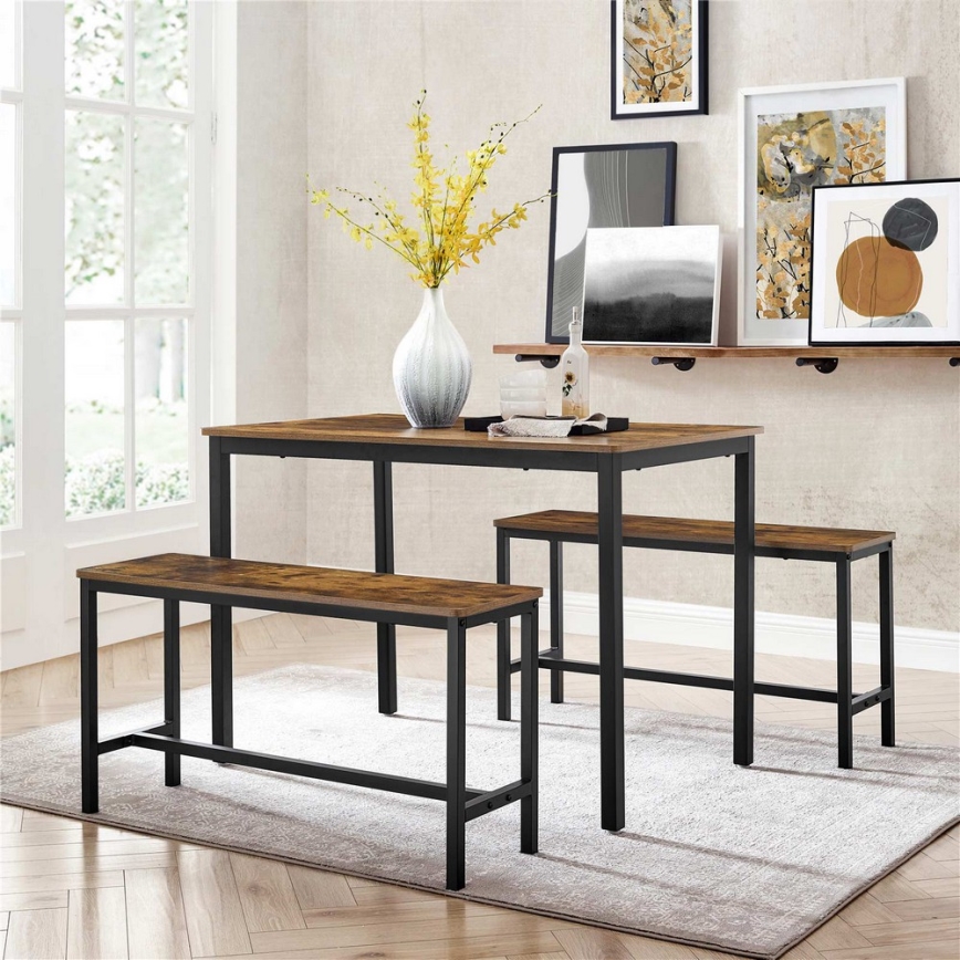 Komplet: barska miza 110x70 cm + 2x klopi 97x30 cm TREVOR rjava/črna