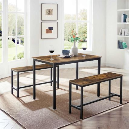 Komplet: barska miza 110x70 cm + 2x klopi 97x30 cm TREVOR rjava/črna