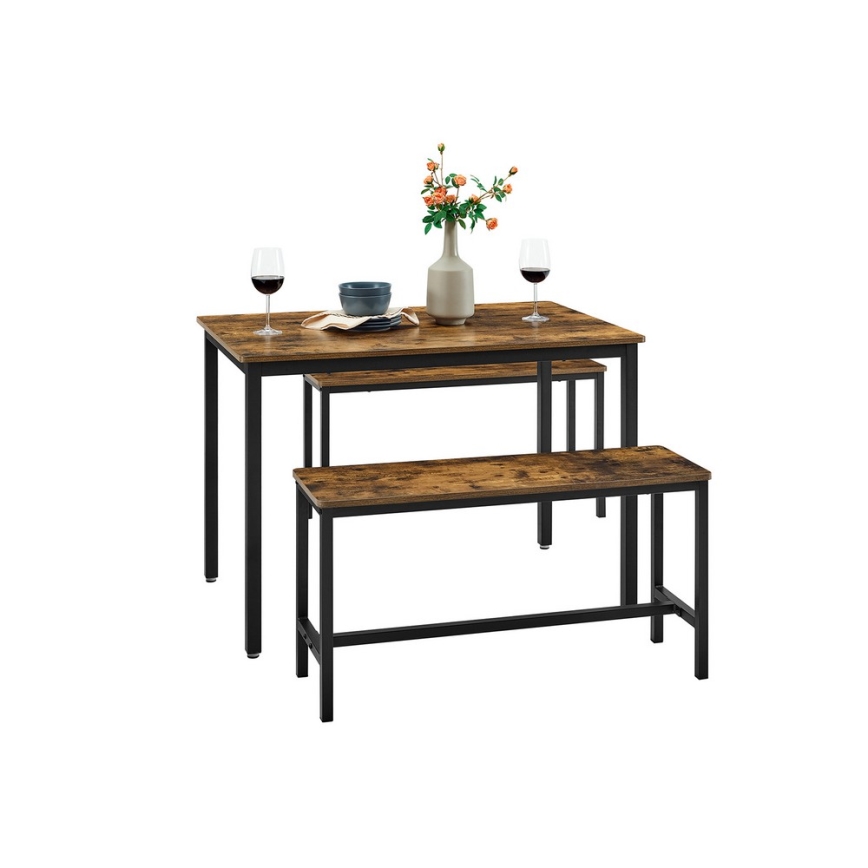 Komplet: barska miza 110x70 cm + 2x klopi 97x30 cm TREVOR rjava/črna