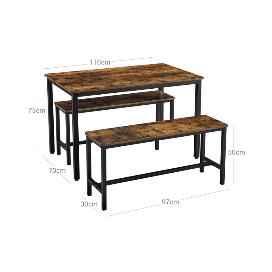 Komplet: barska miza 110x70 cm + 2x klopi 97x30 cm TREVOR rjava/črna