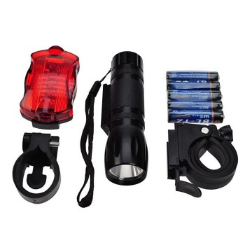 Komplet luči za kolo - sprednja LED 3W + zadnja 5xLED, 2xnosilec, 2x+3xAAA baterije IP44