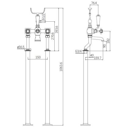 Komplet za prostostoječo kad z baterijo, 106,3 cm, sijajni krom