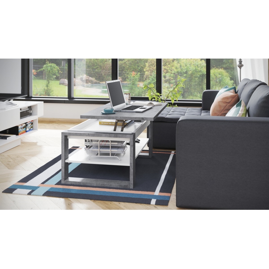 Konferenčna miza NEA z dvigljivo ploščo in polico, betonsko siva/bela