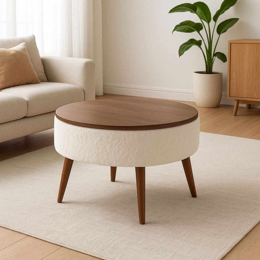 Konferenčna mizica FELPO, premera 60 cm, bela/oreh