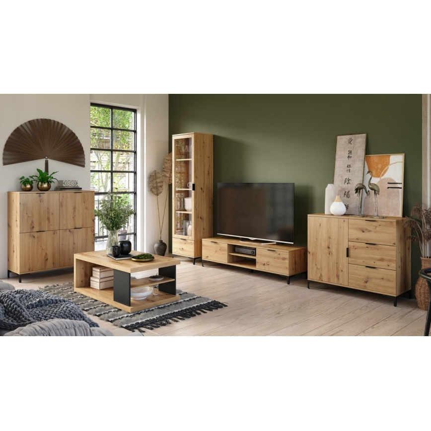 Konferenčna mizica LORA s polico in shranjevalnim prostorom, hrast artisan/črna