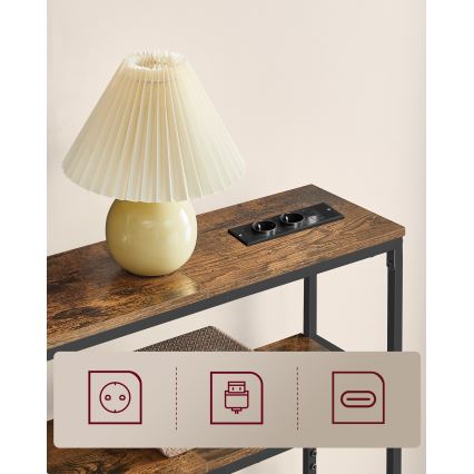 Konzolna mizica z vgrajenimi vtičnicami in USB-priključki LUVOR 80x20 cm rjava/črna