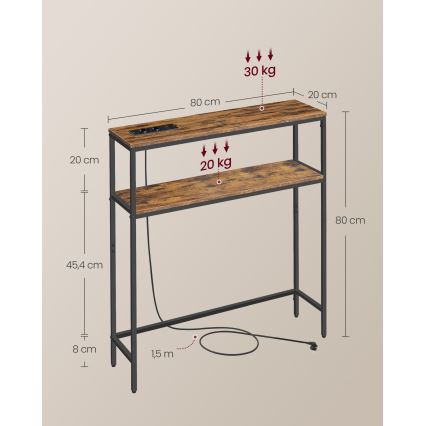 Konzolna mizica z vgrajenimi vtičnicami in USB-priključki LUVOR 80x20 cm rjava/črna