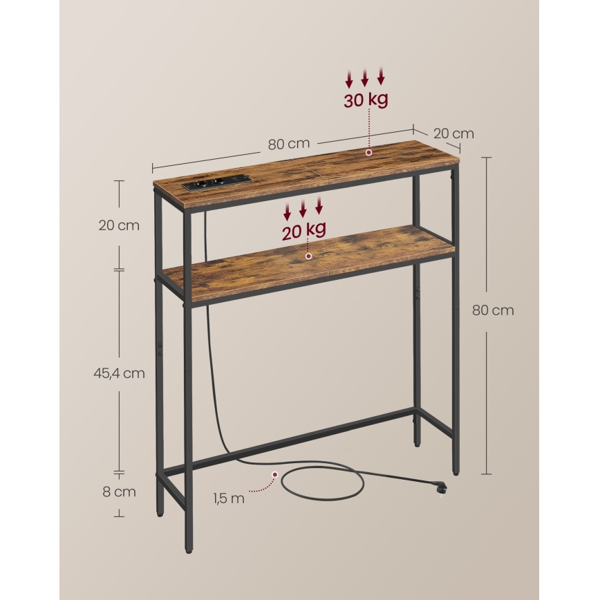 Konzolna mizica z vgrajenimi vtičnicami in USB-priključki LUVOR 80x20 cm rjava/črna