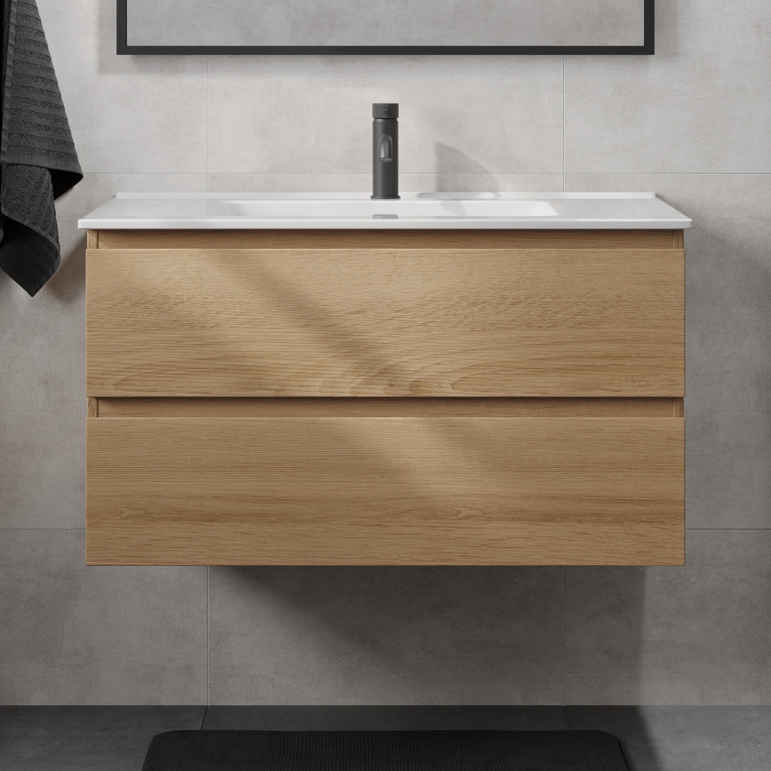 Kopalniška omarica z umivalnikom KENWOOD 91 cm hrast/bela